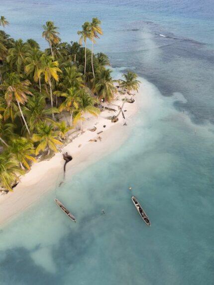 Aerial over a palm-lined San Blas sandbar